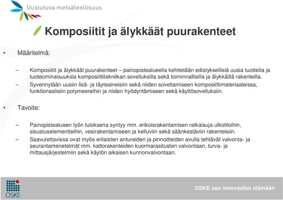 Syvennytään uusiin lisä- ja täyteaineisiin sekä niiden soveltamiseen komposiittimateriaaleissa, funktionaalisiin polymeereihin ja niiden hyödyntämiseen sekä käyttösovelluksiin.