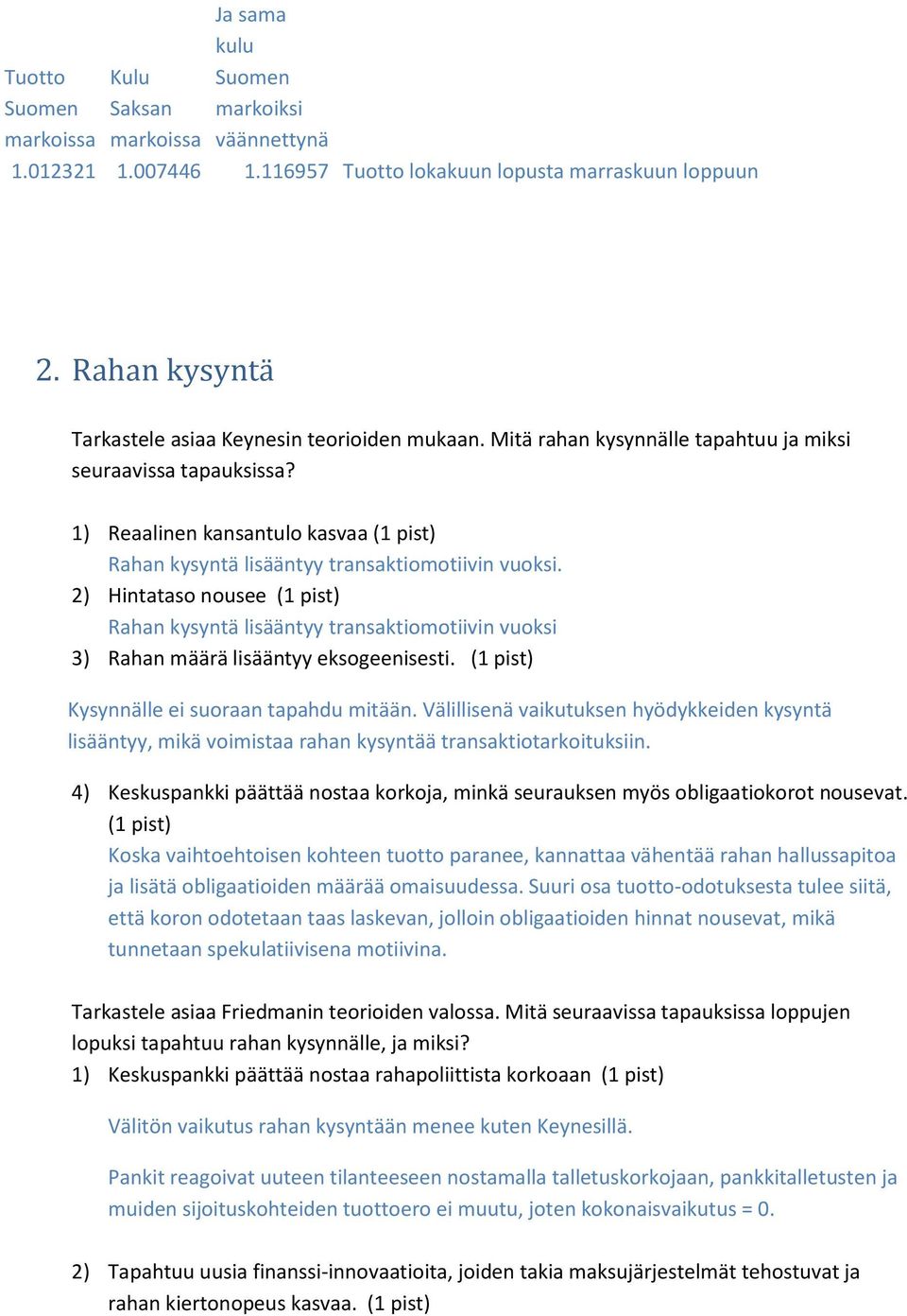 2) Hintataso nousee (1 pist) Rahan kysyntä lisääntyy transaktiomotiivin vuoksi 3) Rahan määrä lisääntyy eksogeenisesti. (1 pist) Kysynnälle ei suoraan tapahdu mitään.