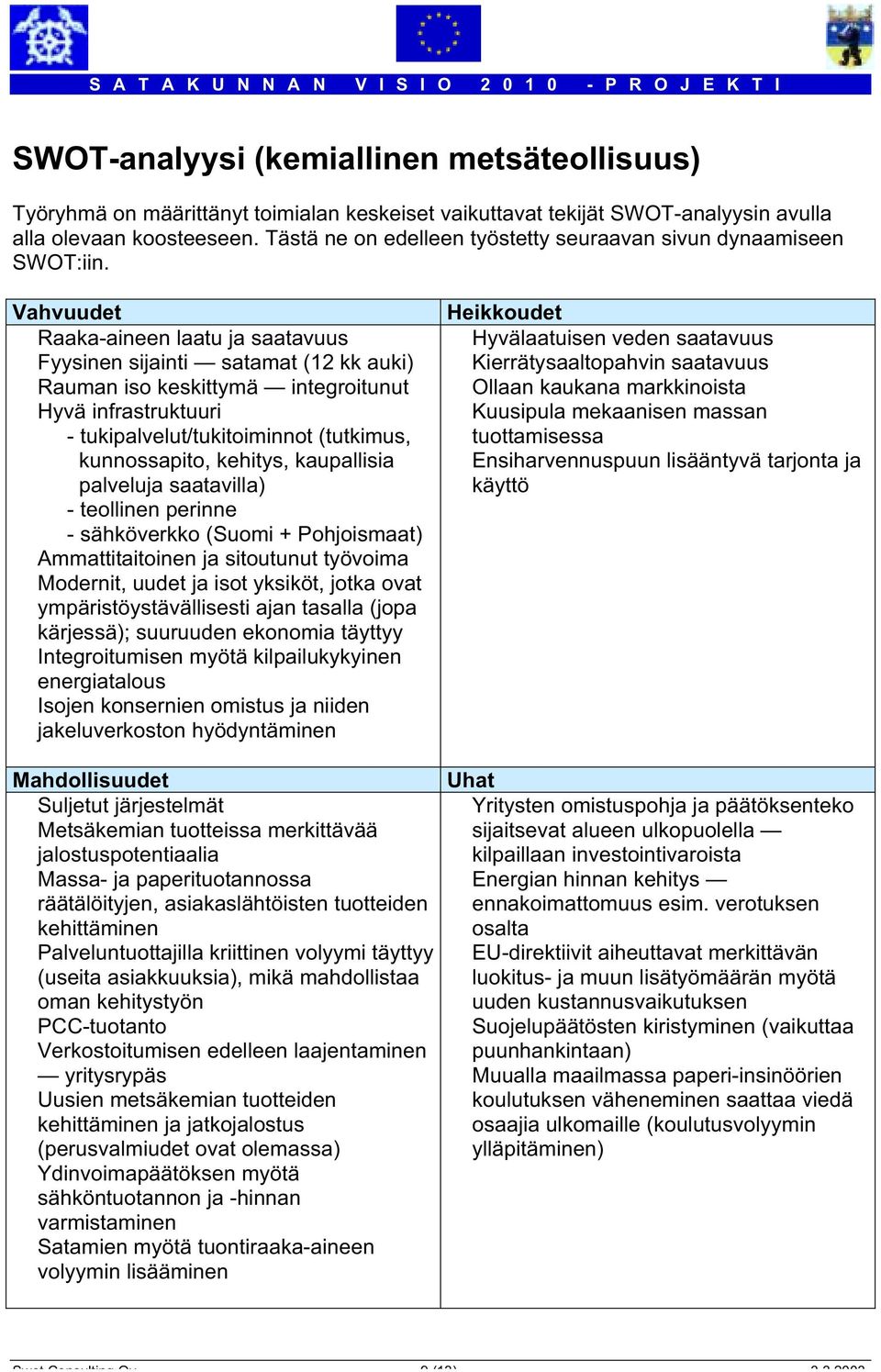 Vahvuudet Raaka-aineen laatu ja saatavuus Fyysinen sijainti satamat (12 kk auki) Rauman iso keskittymä integroitunut Hyvä infrastruktuuri - tukipalvelut/tukitoiminnot (tutkimus, kunnossapito,