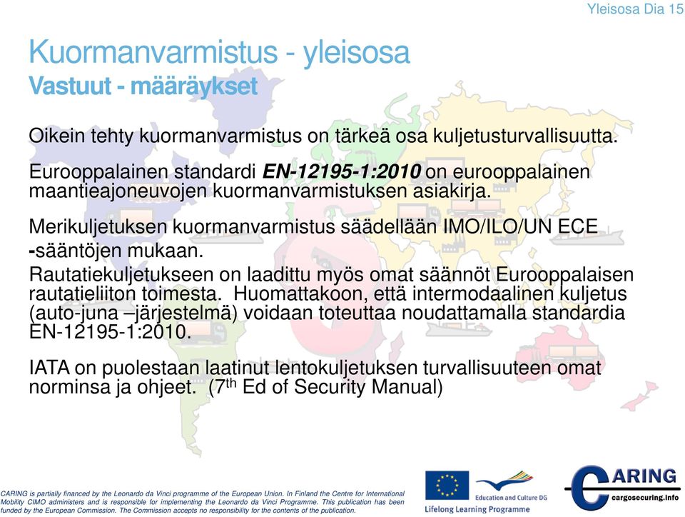 Merikuljetuksen kuormanvarmistus säädellään IMO/ILO/UN ECE -sääntöjen mukaan.