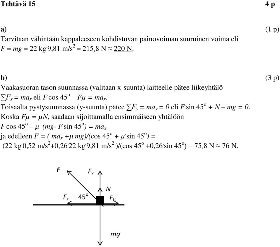 Toisaalta pystysuunnassa (y-suunta) pätee F y = ma y = 0 eli F. sin 45 o + N mg = 0. Koska Fµ = µn, saadaan sijoittamalla ensimmäiseen yhtälöön F.