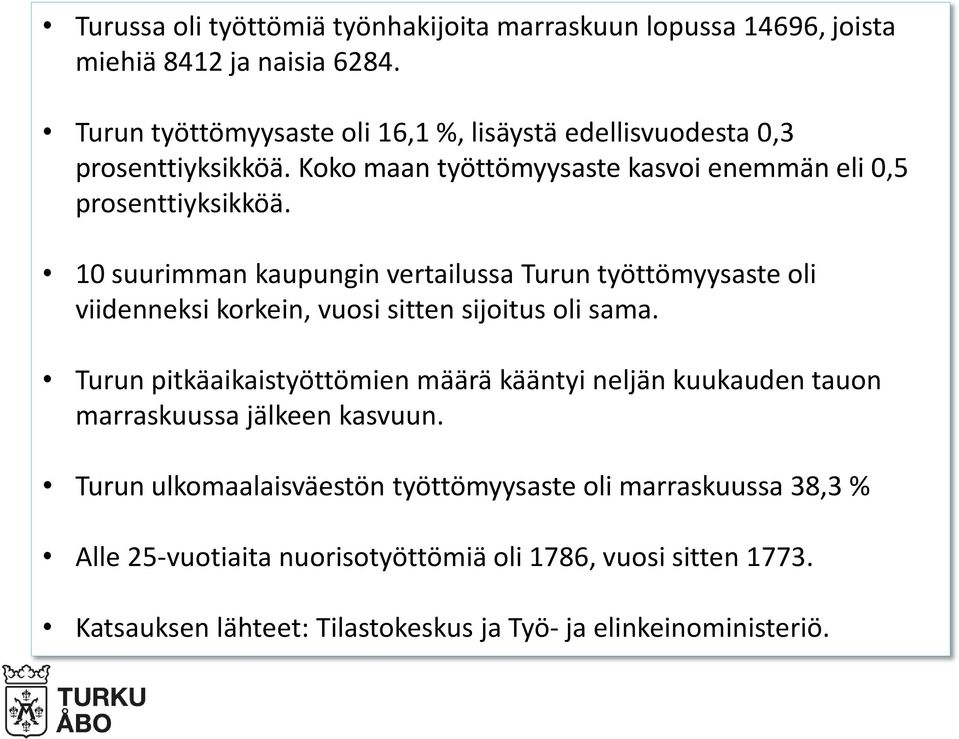 10 suurimman kaupungin vertailussa Turun työttömyysaste oli viidenneksi korkein, vuosi sitten sijoitus oli sama.