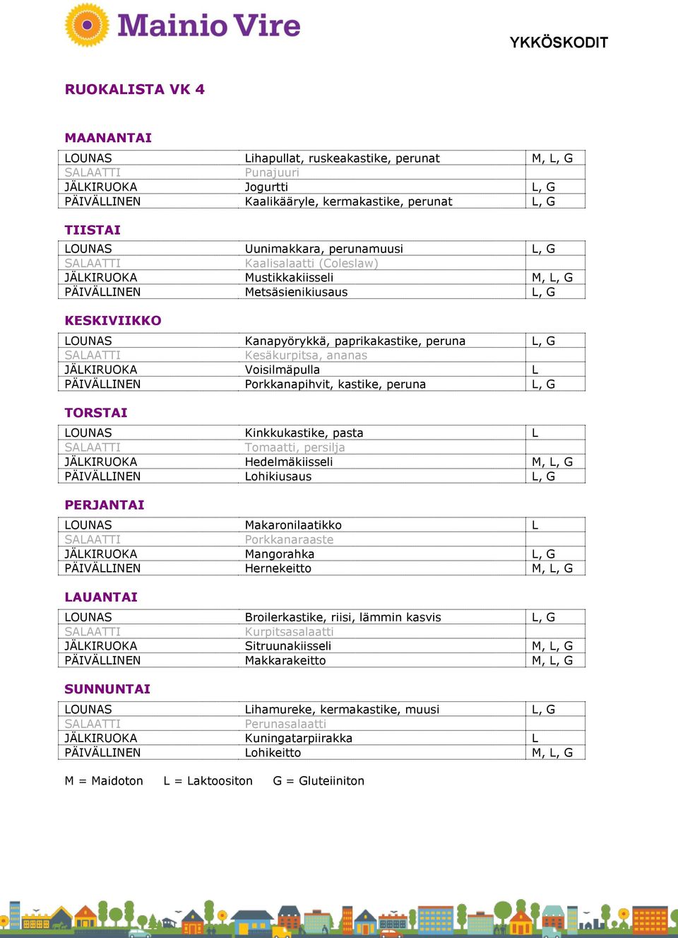 kastike, peruna L, G LOUNAS Kinkkukastike, pasta L Tomaatti, persilja JÄLKIRUOKA Hedelmäkiisseli M, L, G PÄIVÄLLINEN Lohikiusaus L, G LOUNAS Makaronilaatikko L Porkkanaraaste JÄLKIRUOKA Mangorahka L,