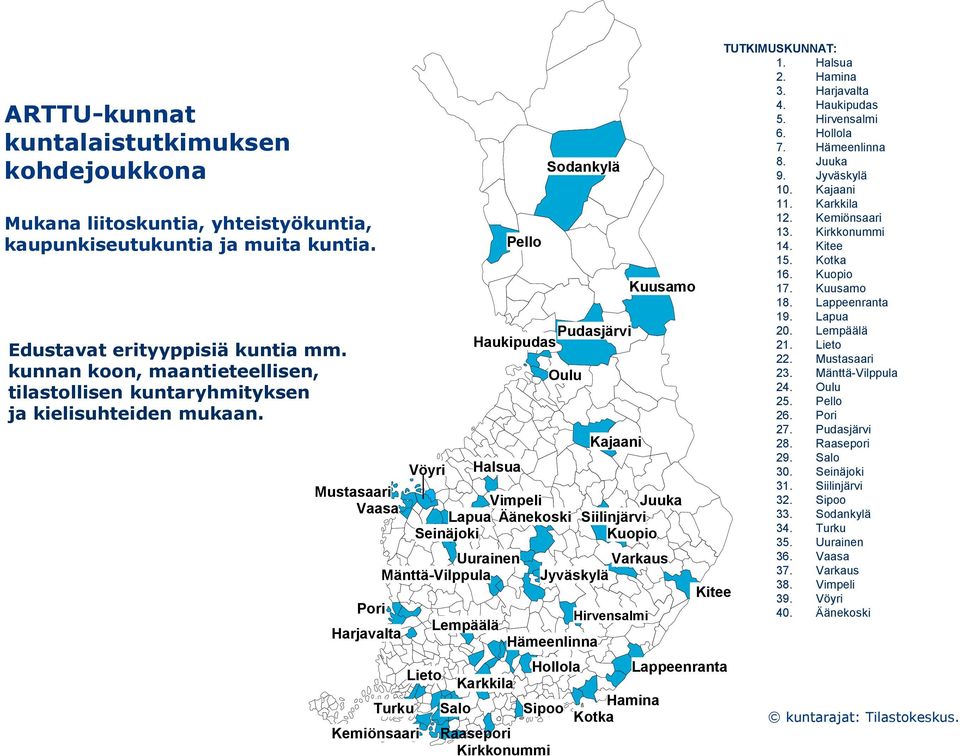 Mustasaari Vaasa Pori Harjavalta Kemiönsaari Vöyri Vimpeli Lapua Äänekoski Seinäjoki Lieto Halsua Uurainen Mänttä-Vilppula Turku Lempäälä Salo Pudasjärvi Haukipudas Karkkila Pello Varkaus Jyväskylä