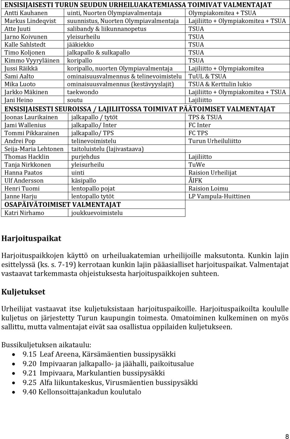 Vyyryläinen koripallo TSUA Jussi Räikkä koripallo, nuorten Olympiavalmentaja Lajiliitto + Olympiakomitea Sami Aalto ominaisuusvalmennus & telinevoimistelu TuUL & TSUA Mika Luoto ominaisuusvalmennus