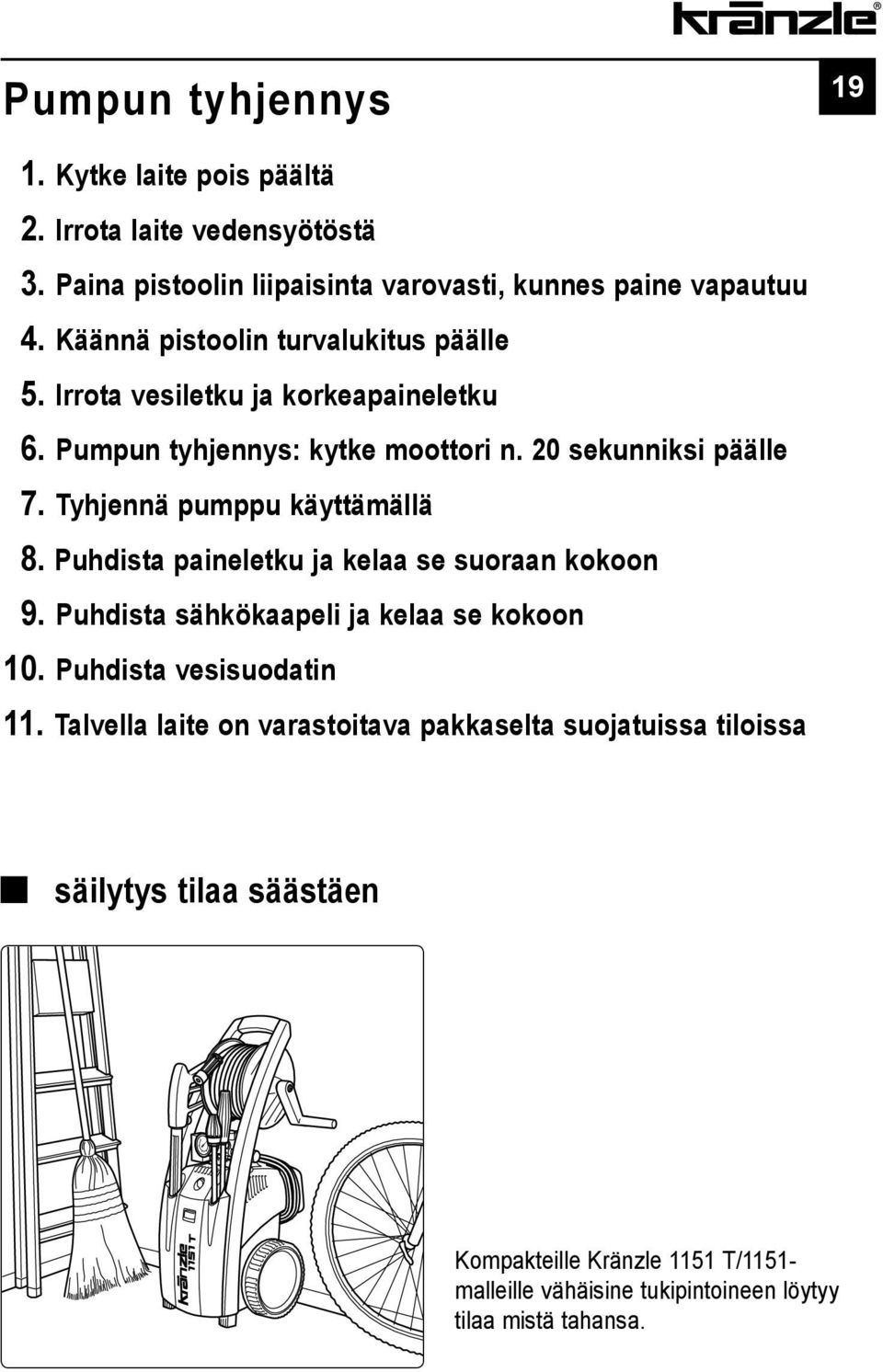 Tyhjennä pumppu käyttämällä 08. Puhdista paineletku ja kelaa se suoraan kokoon 09. Puhdista sähkökaapeli ja kelaa se kokoon 10. Puhdista vesisuodatin 11.