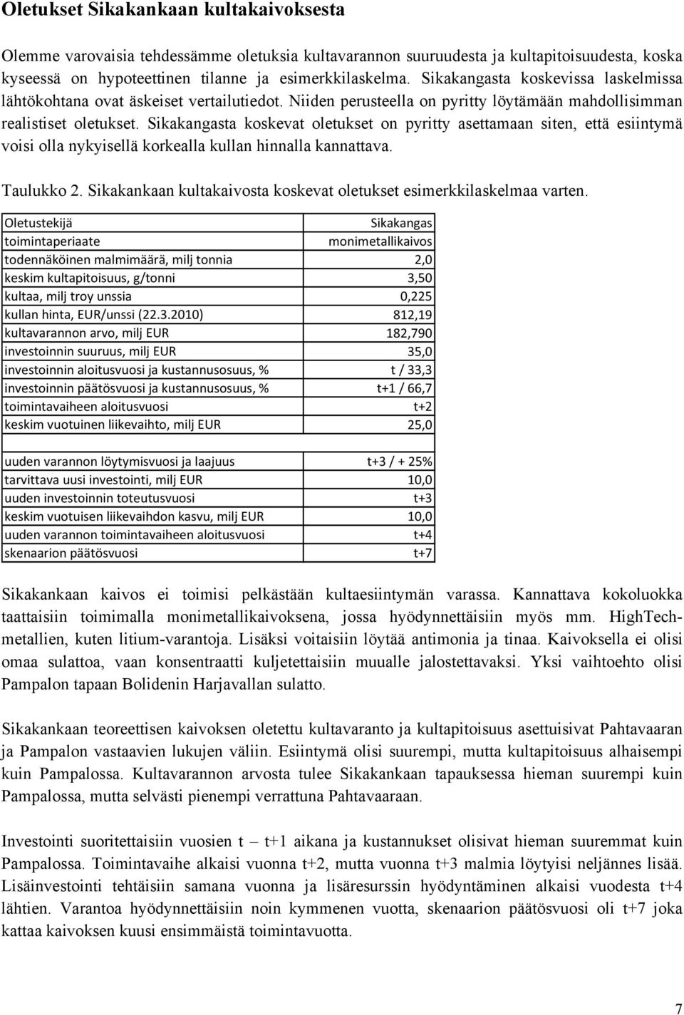 Sikakangasta koskevat oletukset on pyritty asettamaan siten, että esiintymä voisi olla nykyisellä korkealla kullan hinnalla kannattava. Taulukko 2.