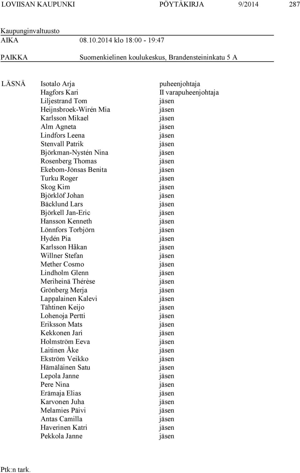 Alm Agneta Lindfors Leena Stenvall Patrik Björkman-Nystén Nina Rosenberg Thomas Ekebom-Jönsas Benita Turku Roger Skog Kim Björklöf Johan Bäcklund Lars Björkell Jan-Eric Hansson Kenneth Lönnfors