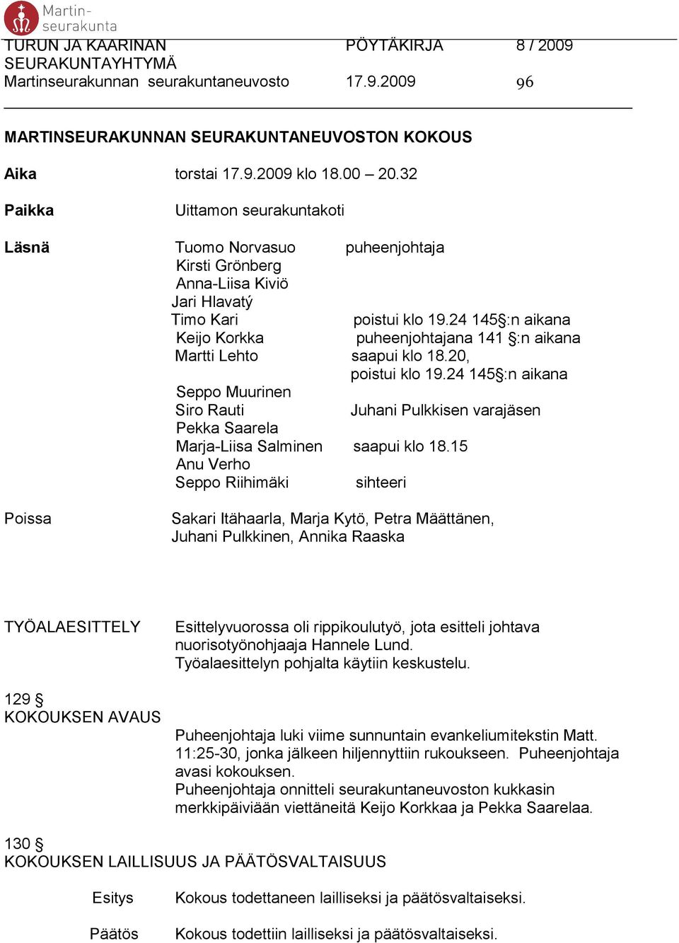 24 145 :n aikana Keijo Korkka puheenjohtajana 141 :n aikana Martti Lehto saapui klo 18.20, poistui klo 19.24 145 :n aikana Seppo Muurinen Siro Rauti Pekka Saarela Marja-Liisa Salminen saapui klo 18.