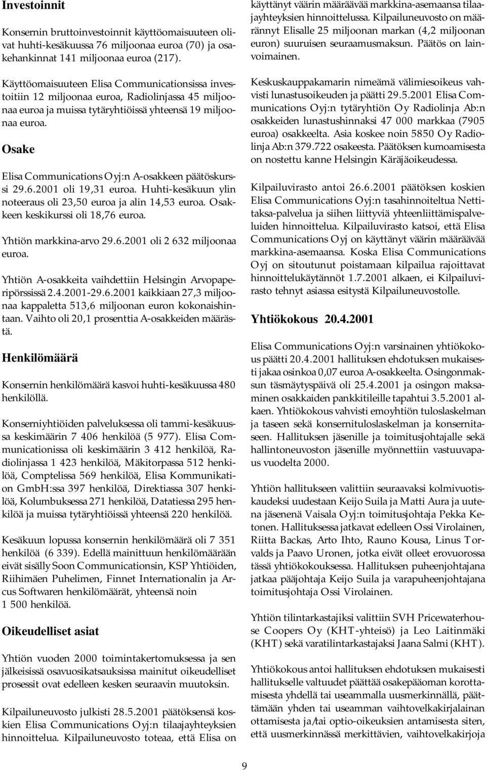 Osake Elisa Communications Oyj:n A-osakkeen päätöskurssi 29.6.2001 oli 19,31 euroa. Huhti-kesäkuun ylin noteeraus oli 23,50 euroa ja alin 14,53 euroa. Osakkeen keskikurssi oli 18,76 euroa.