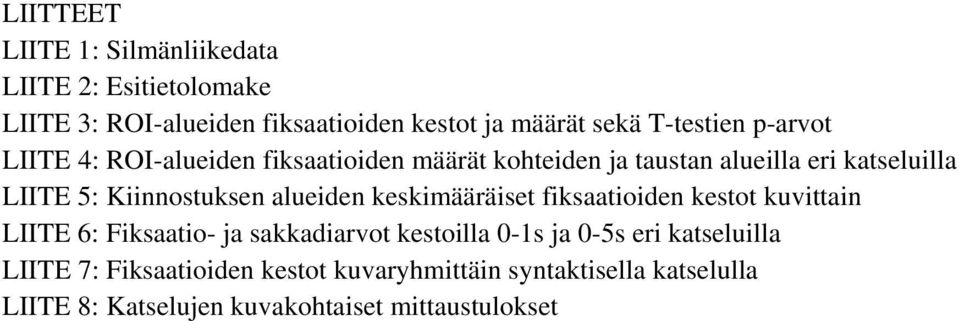 Kiinnostuksen alueiden keskimääräiset fiksaatioiden kestot kuvittain LIITE 6: Fiksaatio- ja sakkadiarvot kestoilla 0-1s ja