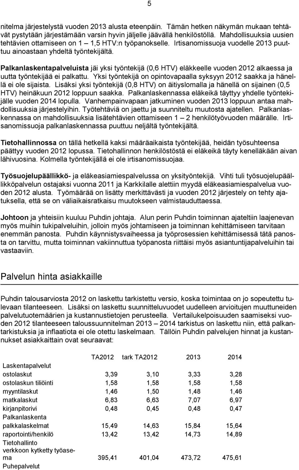 Palkanlaskentapalveluista jäi yksi työntekijä (0,6 HTV) eläkkeelle vuoden 2012 alkaessa ja uutta työntekijää ei palkattu.
