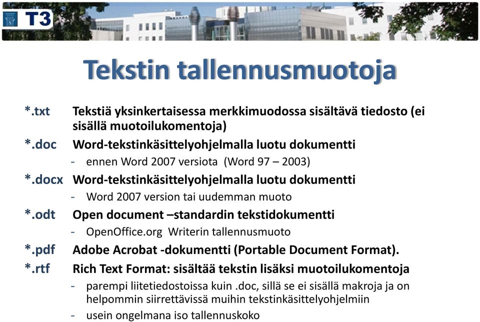 docx Word-tekstinkäsittelyohjelmalla luotu dokumentti - Word 2007 version tai uudemman muoto *.odt Open document standardin tekstidokumentti - OpenOffice.