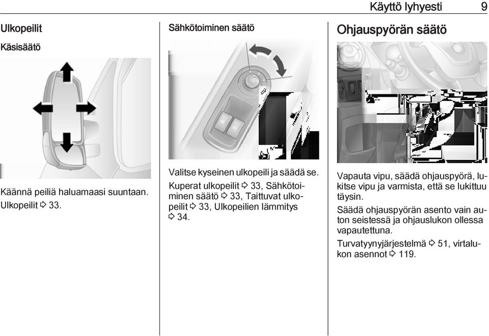 Kuperat ulkopeilit 3 33, Sähkötoiminen säätö 3 33, Taittuvat ulkopeilit 3 33, Ulkopeilien lämmitys 3 34.