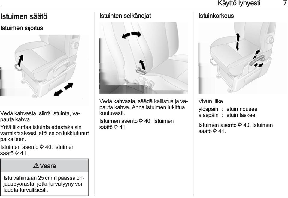 9 Vaara Istu vähintään 25 cm:n päässä ohjauspyörästä, jotta turvatyyny voi laueta turvallisesti. Vedä kahvasta, säädä kallistus ja vapauta kahva.