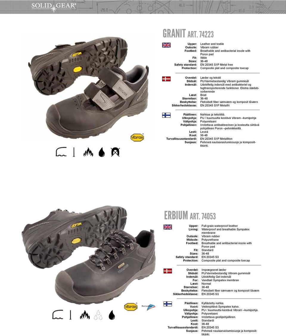 plat and composite toecap Overdel: Slidsål: Indersål: Læst: Størrelser: Beskyttelse: Sikkerhedsklasse: Læder og tekstil PU/Varmebestandig Vibram gummisål Udskiftelig indersål med antibakteriel og