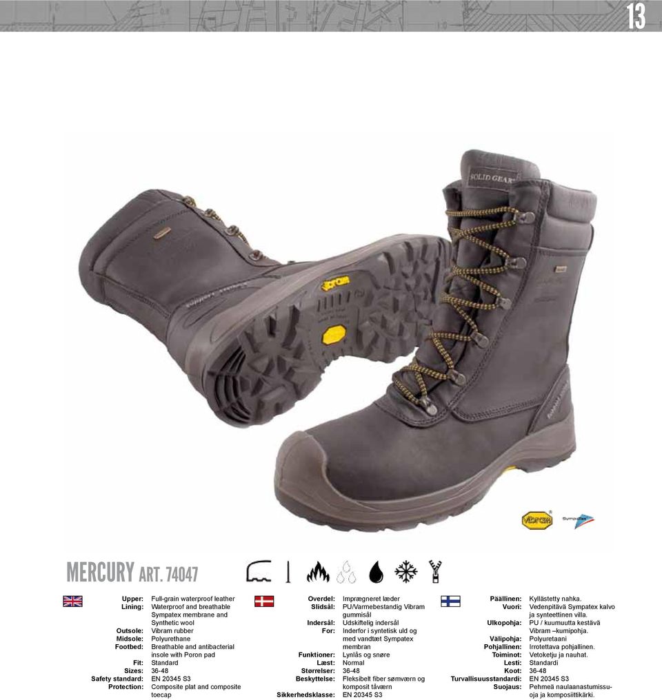 Polyurethane Breathable and antibacterial insole with Poron pad Standard Composite plat and composite toecap Overdel: Slidsål: Indersål: For: Funktioner: Læst: Størrelser: Beskyttelse: