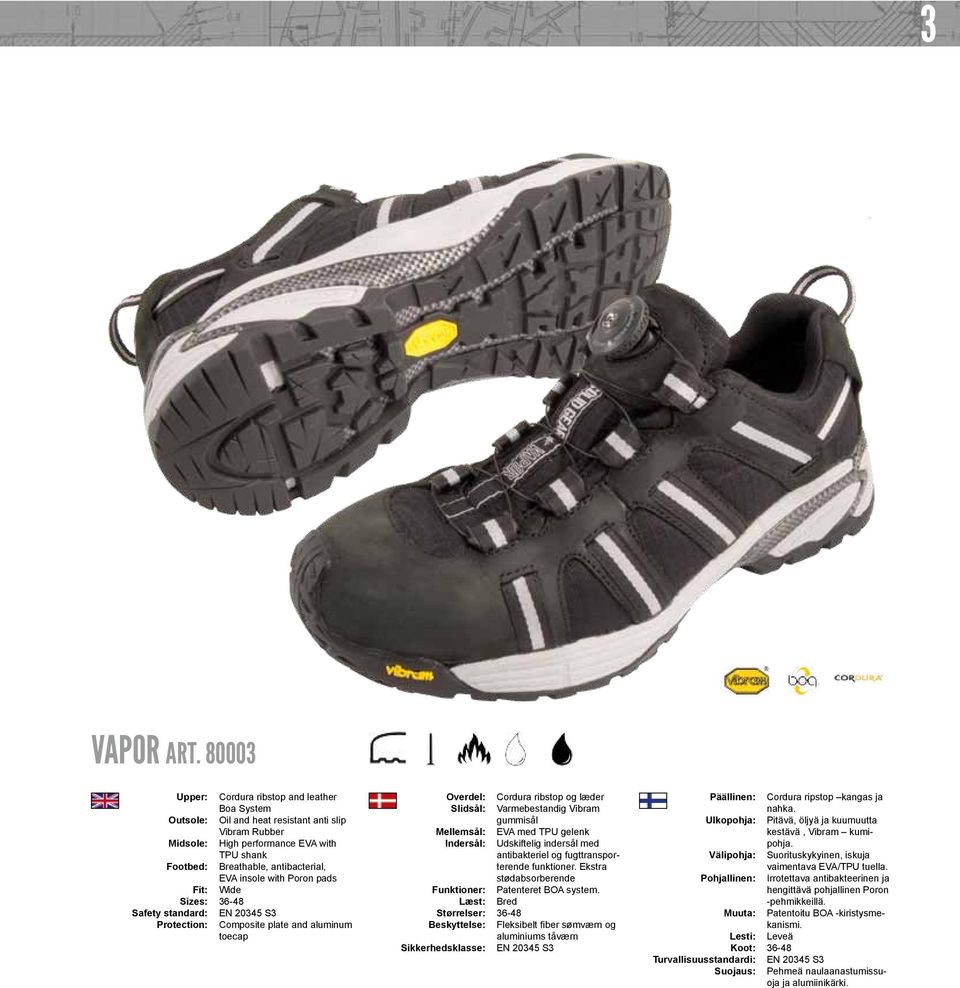 shank Breathable, antibacterial, EVA insole with Poron pads Wide Composite plate and aluminum toecap Overdel: Slidsål: Mellemsål: Indersål: Funktioner: Læst: Størrelser: Beskyttelse: