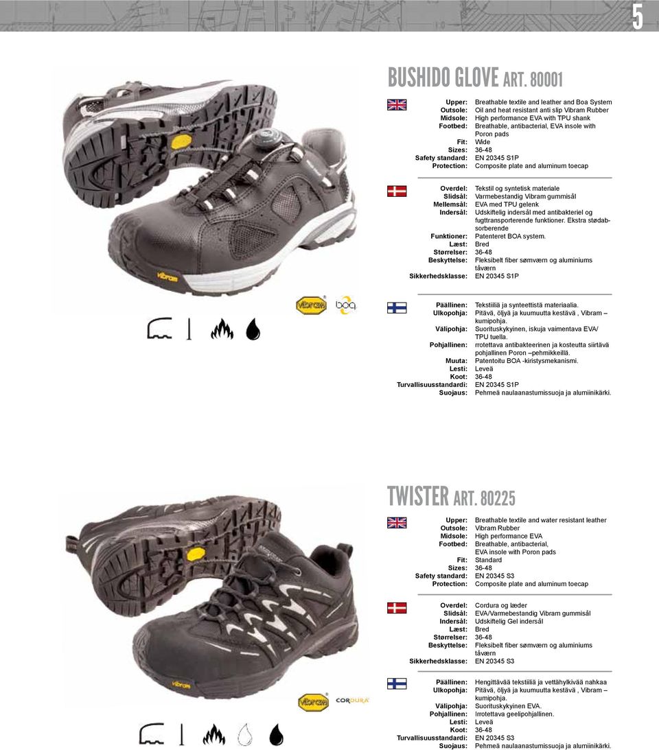 TPU shank Breathable, antibacterial, EVA insole with Poron pads Wide EN 20345 S1P Composite plate and aluminum toecap Overdel: Slidsål: Mellemsål: Indersål: Funktioner: Læst: Størrelser: Beskyttelse:
