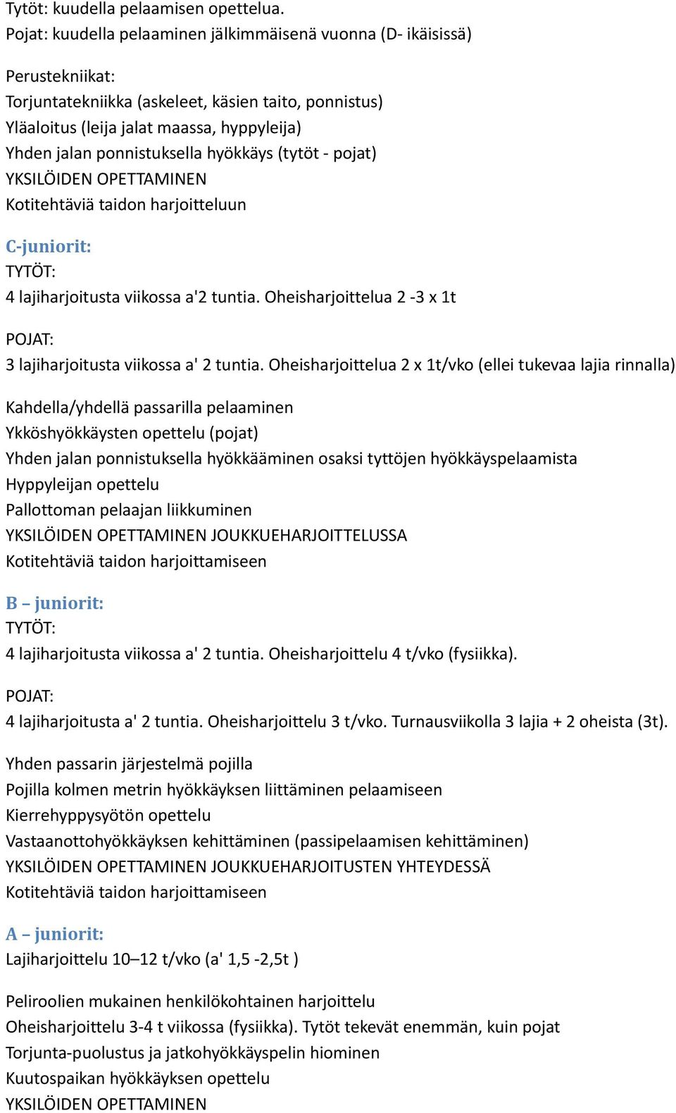 ponnistuksella hyökkäys (tytöt - pojat) YKSILÖIDEN OPETTAMINEN Kotitehtäviä taidon harjoitteluun C-juniorit: TYTÖT: 4 lajiharjoitusta viikossa a'2 tuntia.