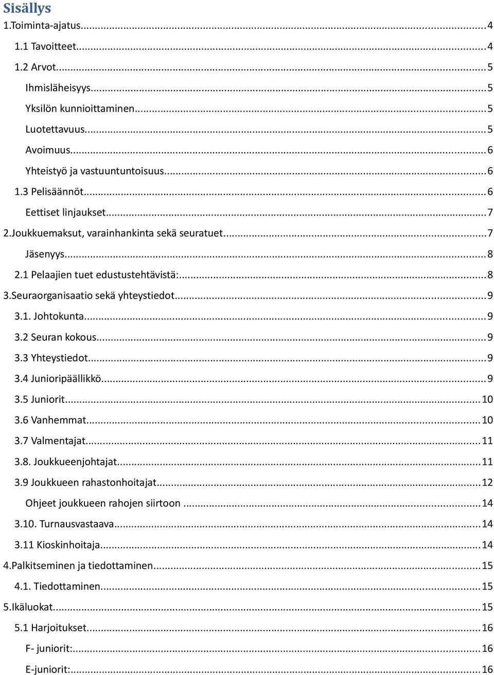 ..9 3.3 Yhteystiedot...9 3.4 Junioripäällikkö...9 3.5 Juniorit...10 3.6 Vanhemmat...10 3.7 Valmentajat...11 3.8. Joukkueenjohtajat...11 3.9 Joukkueen rahastonhoitajat.