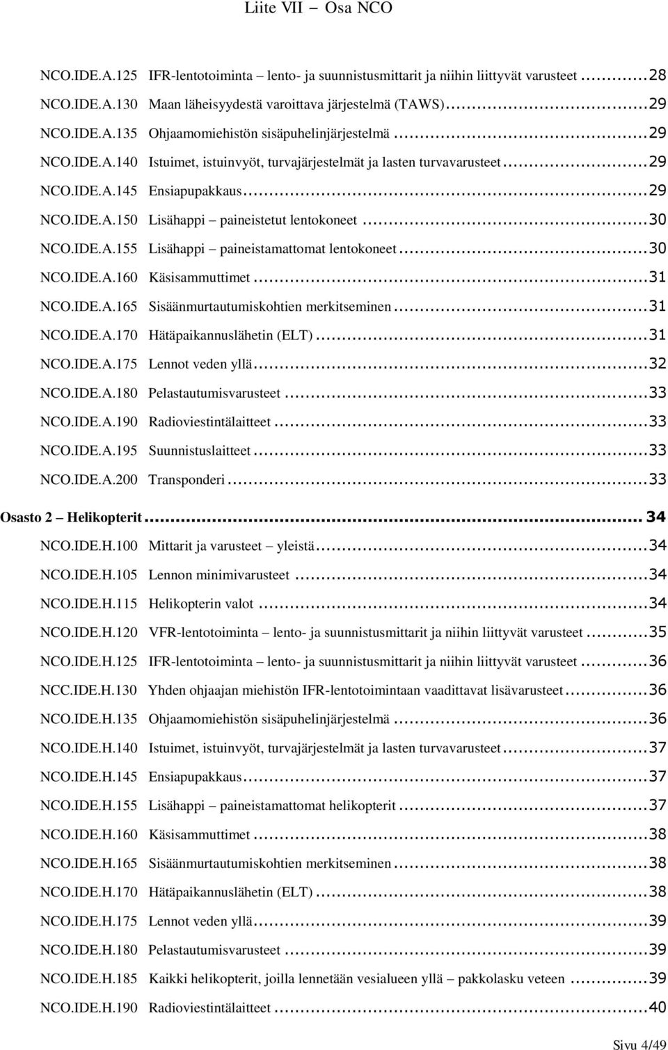 .. 30 NCO.IDE.A.160 Käsisammuttimet... 31 NCO.IDE.A.165 Sisäänmurtautumiskohtien merkitseminen... 31 NCO.IDE.A.170 Hätäpaikannuslähetin (ELT)... 31 NCO.IDE.A.175 Lennot veden yllä... 32 NCO.IDE.A.180 Pelastautumisvarusteet.