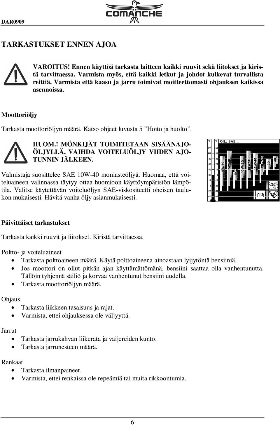 ! MÖNKIJÄT TOIMITETAAN SISÄÄNAJO- ÖLJYLLÄ, VAIHDA VOITELUÖLJY VIIDEN AJO- TUNNIN JÄLKEEN. Valmistaja suosittelee SAE 10W-40 moniasteöljyä.