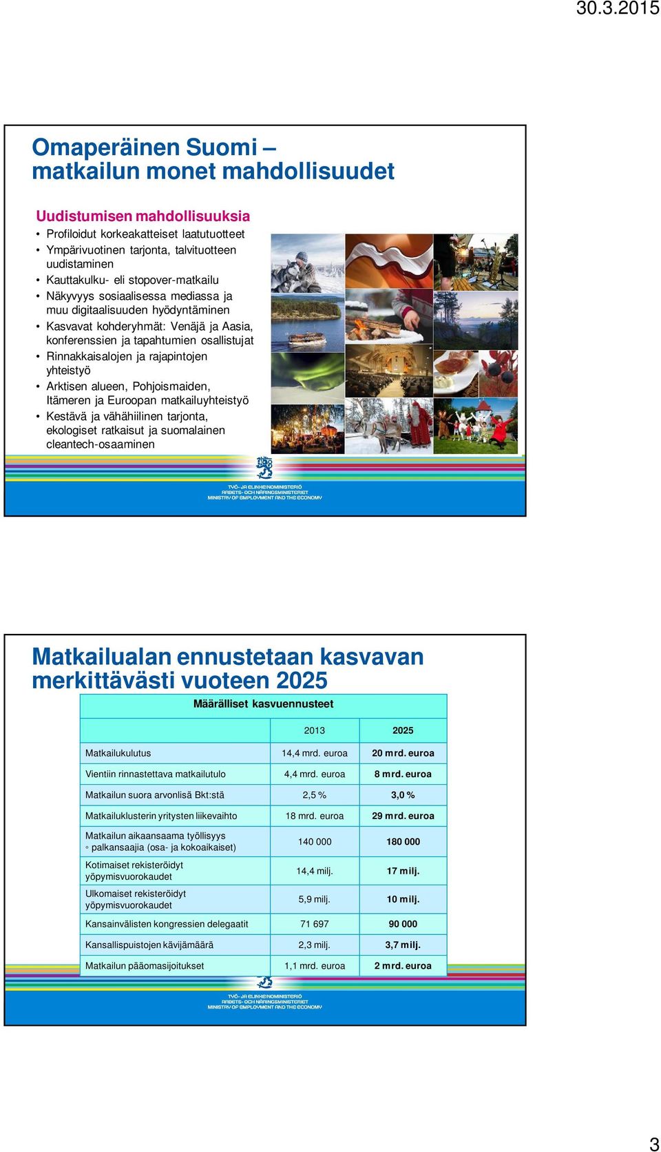 rajapintojen yhteistyö Arktisen alueen, Pohjoismaiden, Itämeren ja Euroopan matkailuyhteistyö Kestävä ja vähähiilinen tarjonta, ekologiset ratkaisut ja suomalainen cleantech-osaaminen Matkailualan