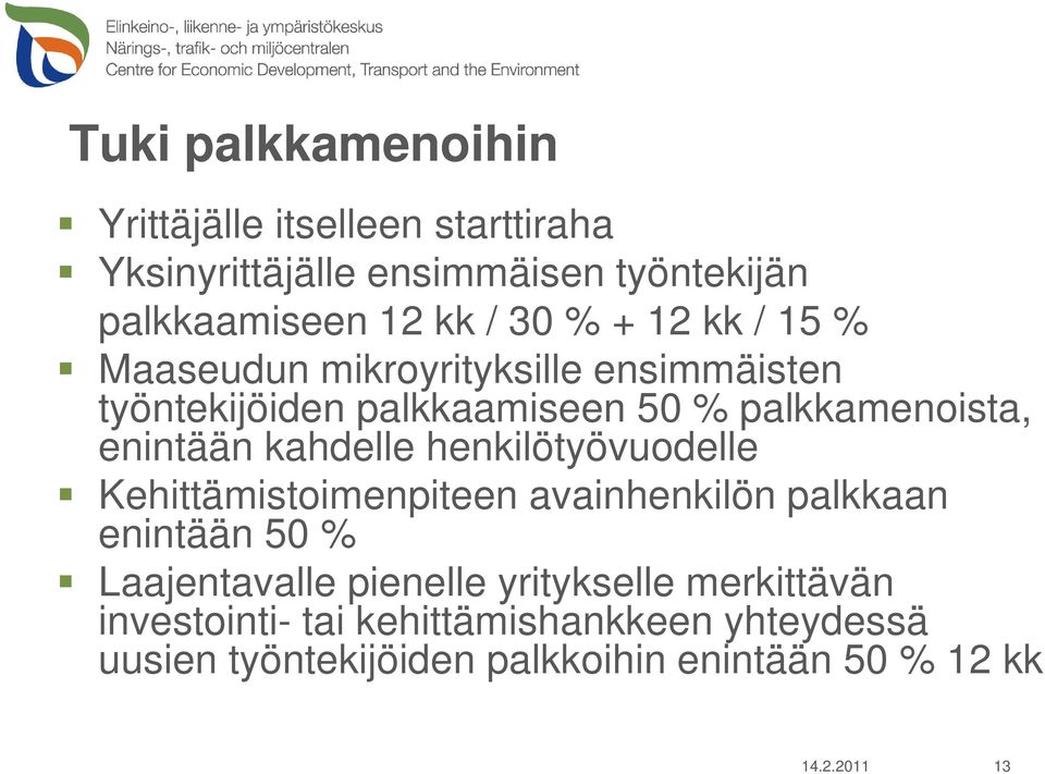 kahdelle henkilötyövuodelle Kehittämistoimenpiteen avainhenkilön palkkaan enintään 50 % Laajentavalle pienelle