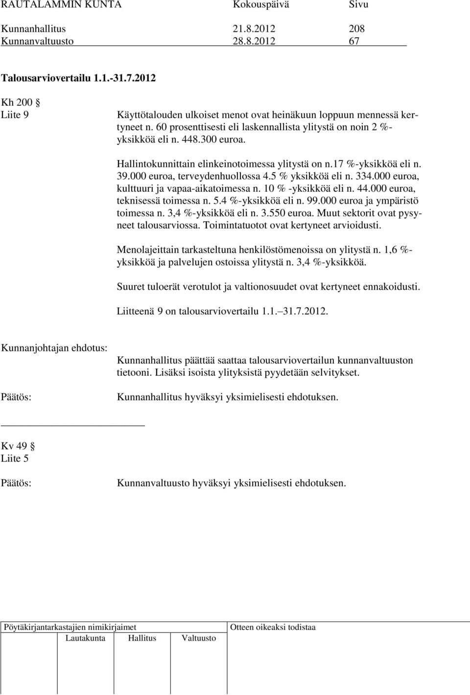 5 % yksikköä eli n. 334.000 euroa, kulttuuri ja vapaa-aikatoimessa n. 10 % -yksikköä eli n. 44.000 euroa, teknisessä toimessa n. 5.4 %-yksikköä eli n. 99.000 euroa ja ympäristö toimessa n.