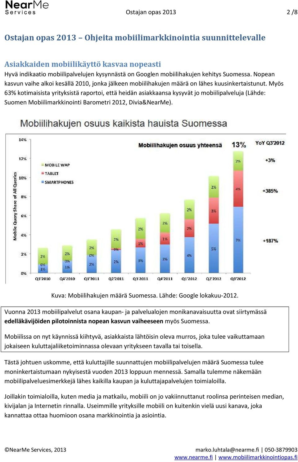 Myös 63% kotimaisista yrityksistä raportoi, että heidän asiakkaansa kysyvät jo mobiilipalveluja (Lähde: Suomen Mobiilimarkkinointi Barometri 2012, Divia&NearMe). Kuva: Mobiilihakujen määrä Suomessa.