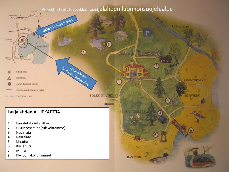 Uikunpesä tupa(tukikohtamme) 3. Huvimaja 4. Rantalato 5.