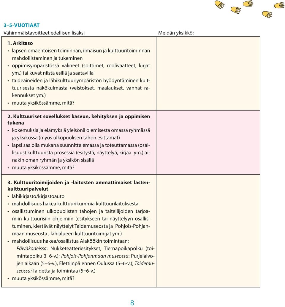 ) tai kuvat niistä esillä ja saatavilla taideaineiden ja lähikulttuuriympäristön hyödyntäminen kulttuurisesta näkökulmasta (veistokset, maalaukset, vanhat rakennukset ym.) muuta yksikössämme, mitä? 2.