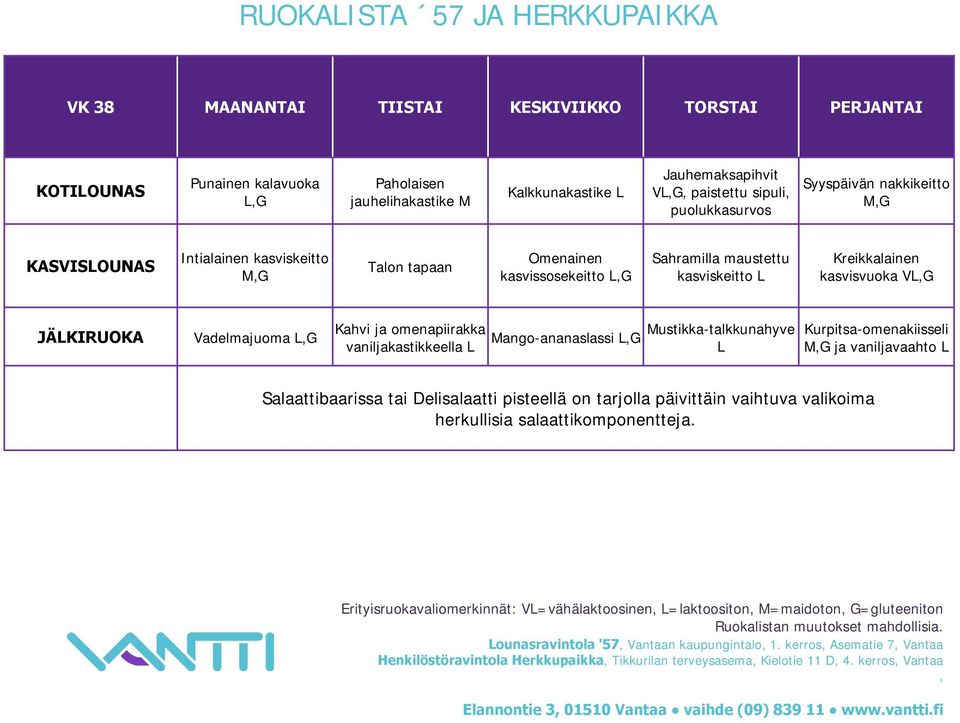 JÄLKIRUOKA Vadelmajuoma Kahvi ja omenapiirakka vaniljakastikkeella L Mango-ananaslassi Mustikka-talkkunahyve L Kurpitsa-omenakiisseli ja vaniljavaahto L