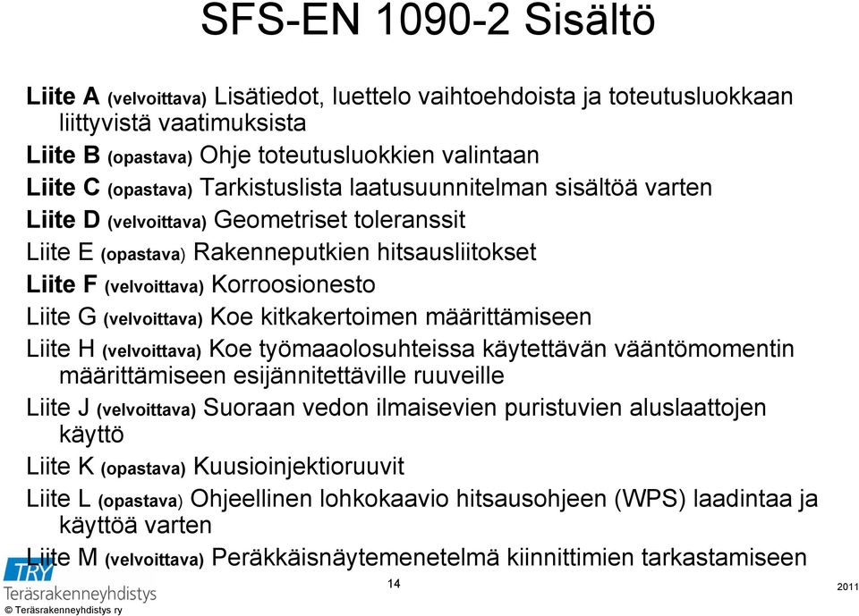 (velvoittava) Koe kitkakertoimen määrittämiseen Liite H (velvoittava) Koe työmaaolosuhteissa käytettävän vääntömomentin määrittämiseen esijännitettäville ruuveille Liite J (velvoittava) Suoraan vedon