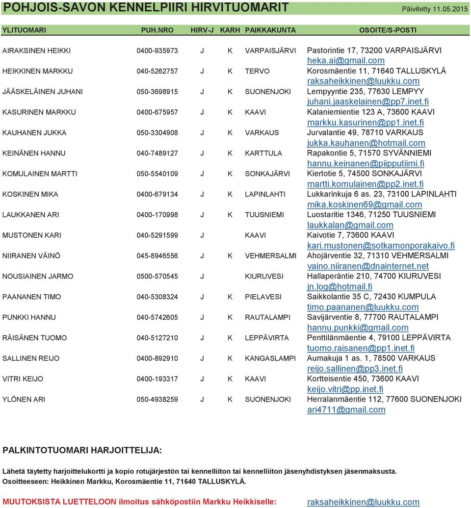 com HEIKKINEN MARKKU 040-5262757 J K TERVO Korosmäentie 11, 71640 TALLUSKYLÄ raksaheikkinen@luukku.com JÄÄSKELÄINEN JUHANI 050-3698915 J K SUONENJOKI Lempyyntie 235, 77630 LEMPYY juhani.