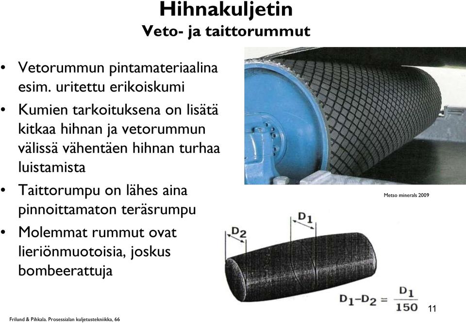 vähentäen hihnan turhaa luistamista Taittorumpu on lähes aina pinnoittamaton teräsrumpu