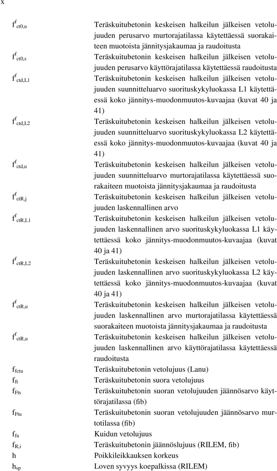 suorituskykyluokassa L1 käytettäessä koko jännitys-muodonmuutos-kuvaajaa (kuvat 40 ja 41) f f ctd,l2 Teräskuitubetonin keskeisen halkeilun jälkeisen vetolujuuden suunnitteluarvo suorituskykyluokassa