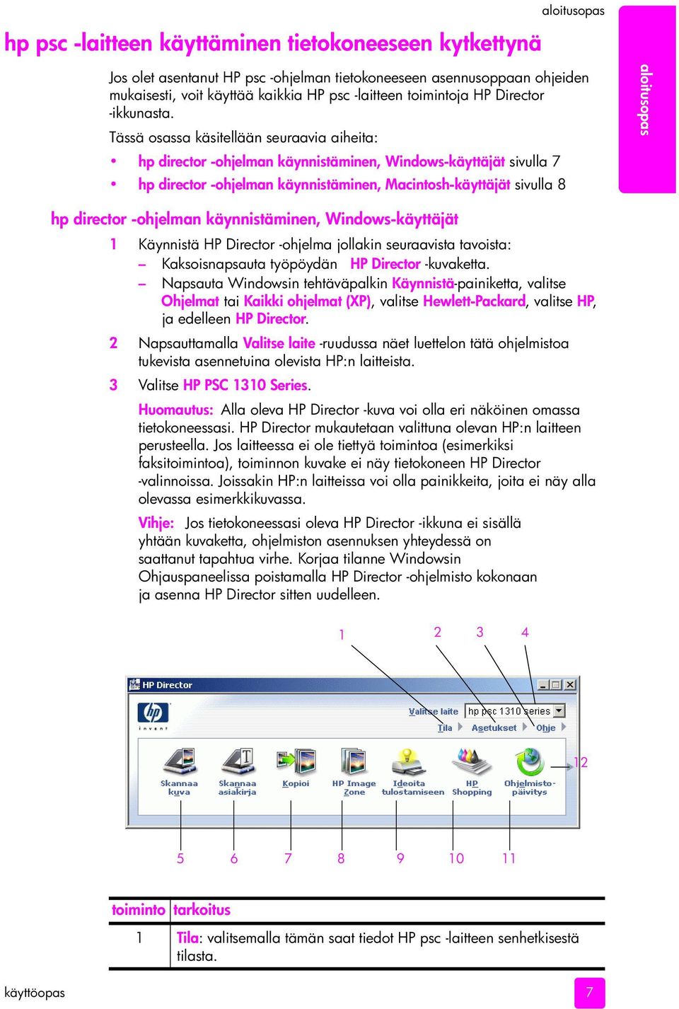 Tässä osassa käsitellään seuraavia aiheita: hp director -ohjelman käynnistäminen, Windows-käyttäjät sivulla 7 hp director -ohjelman käynnistäminen, Macintosh-käyttäjät sivulla 8 aloitusopas hp