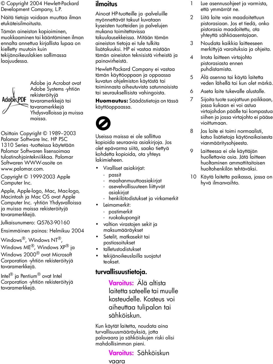 Adobe ja Acrobat ovat Adobe Systems -yhtiön rekisteröityjä tavaramerkkejä tai tavaramerkkejä Yhdysvalloissa ja muissa maissa. Osittain Copyright 1989 2003 Palomar Software Inc.