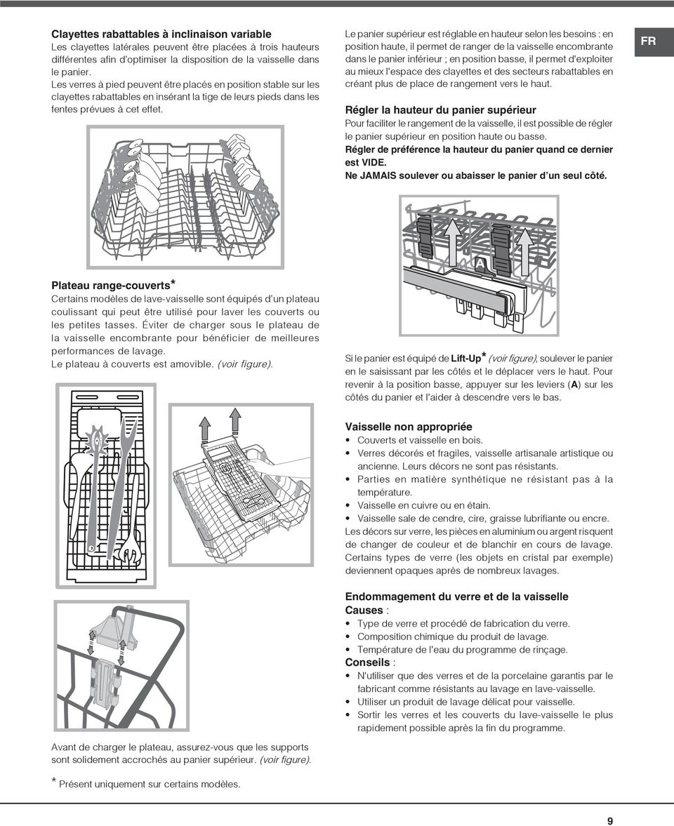 Le panier supérieur est réglable en hauteur selon les besoins : en position haute, il permet de ranger de la vaisselle encombrante dans le panier inférieur ; en position basse, il permet d'exploiter