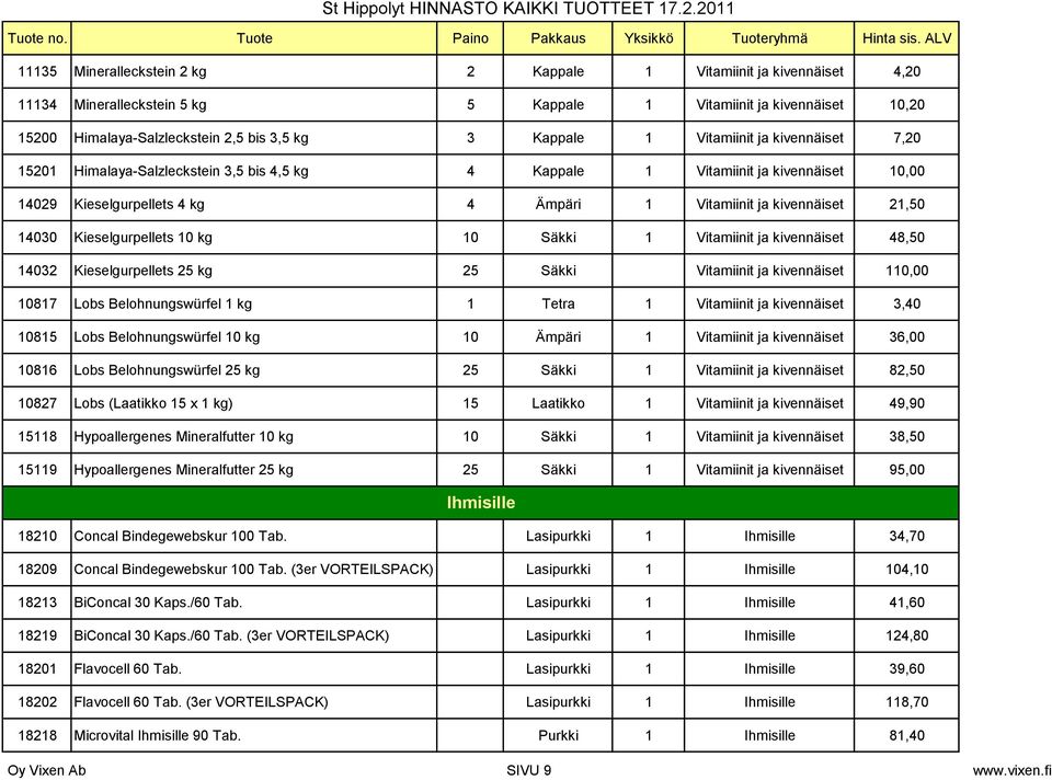 Kieselgurpellets 10 kg 10 Säkki 1 Vitamiinit ja kivennäiset 48,50 14032 Kieselgurpellets 25 kg 25 Säkki Vitamiinit ja kivennäiset 110,00 10817 Lobs Belohnungswürfel 1 kg 1 Tetra 1 Vitamiinit ja