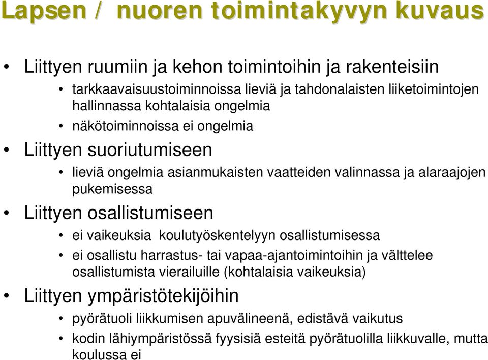 Liittyen osallistumiseen ei vaikeuksia koulutyöskentelyyn osallistumisessa ei osallistu harrastus- tai vapaa-ajantoimintoihin ja välttelee osallistumista vierailuille