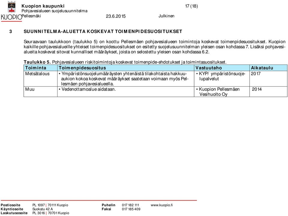 Lisäksi pohjavesialueita koskevat sitovat kunnalliset määräykset, joista on selostettu yleisen osan kohdassa 6.2. Taulukko 5.