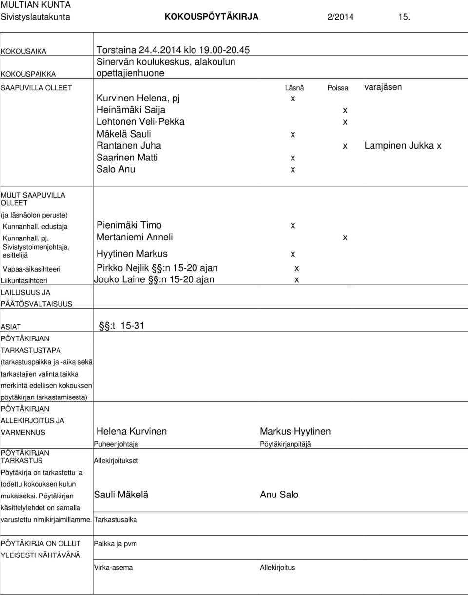 Lampinen Jukka x Saarinen Matti x Salo Anu x MUUT SAAPUVILLA OLLEET (ja läsnäolon peruste) Kunnanhall. edustaja Pienimäki Timo x Kunnanhall. pj.