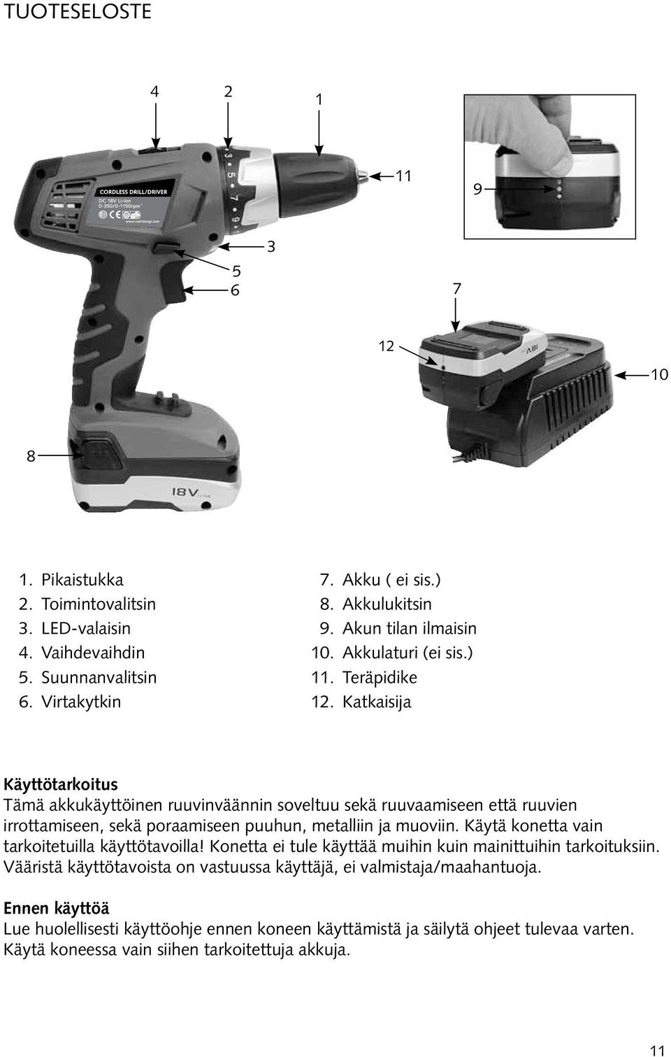 Katkaisija Käyttötarkoitus Tämä akkukäyttöinen ruuvinväännin soveltuu sekä ruuvaamiseen että ruuvien irrottamiseen, sekä poraamiseen puuhun, metalliin ja muoviin.