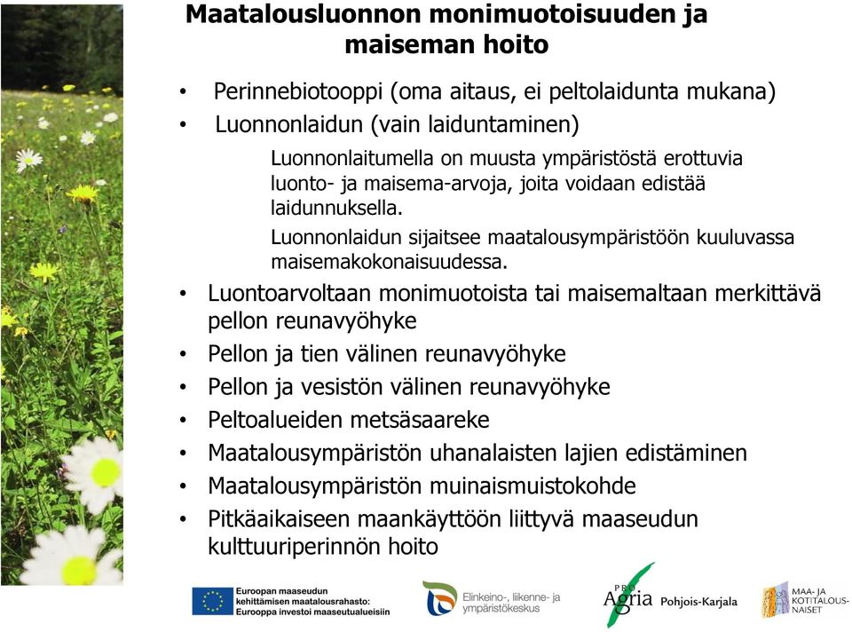 Luontoarvoltaan monimuotoista tai maisemaltaan merkittävä pellon reunavyöhyke Pellon ja tien välinen reunavyöhyke Pellon ja vesistön välinen reunavyöhyke Peltoalueiden