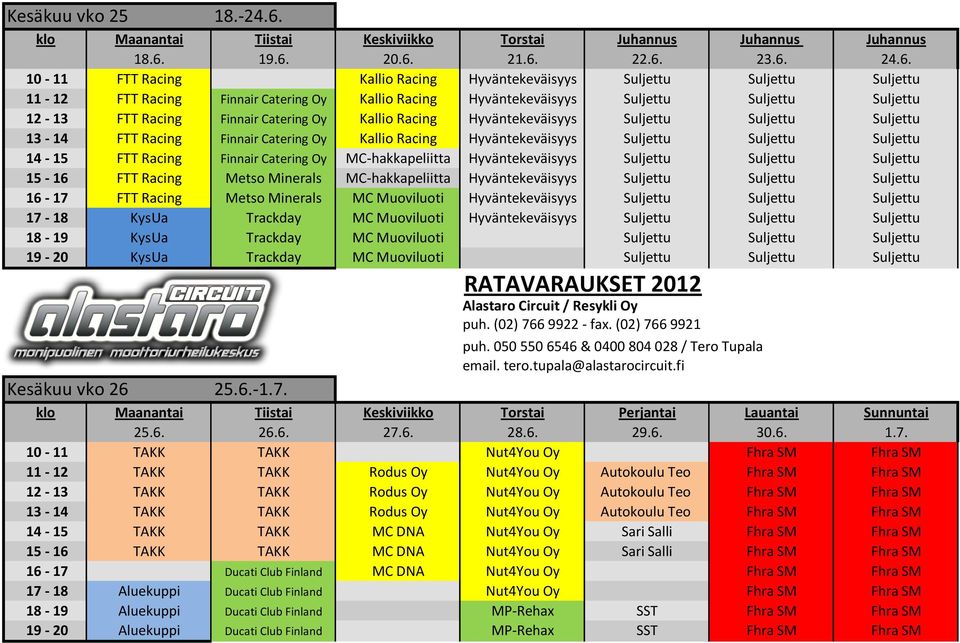 19.6. 20.6. 21.6. 22.6. 23.6. 24.6. 10-11 FTT Racing Kallio Racing Hyväntekeväisyys Suljettu Suljettu Suljettu 11-12 FTT Racing Finnair Catering Oy Kallio Racing Hyväntekeväisyys Suljettu Suljettu