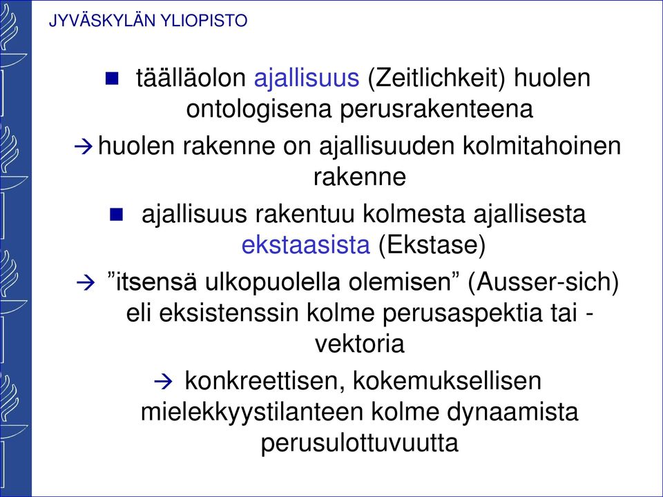 (Ekstase) itsensä ulkopuolella olemisen (Ausser-sich) eli eksistenssin kolme perusaspektia