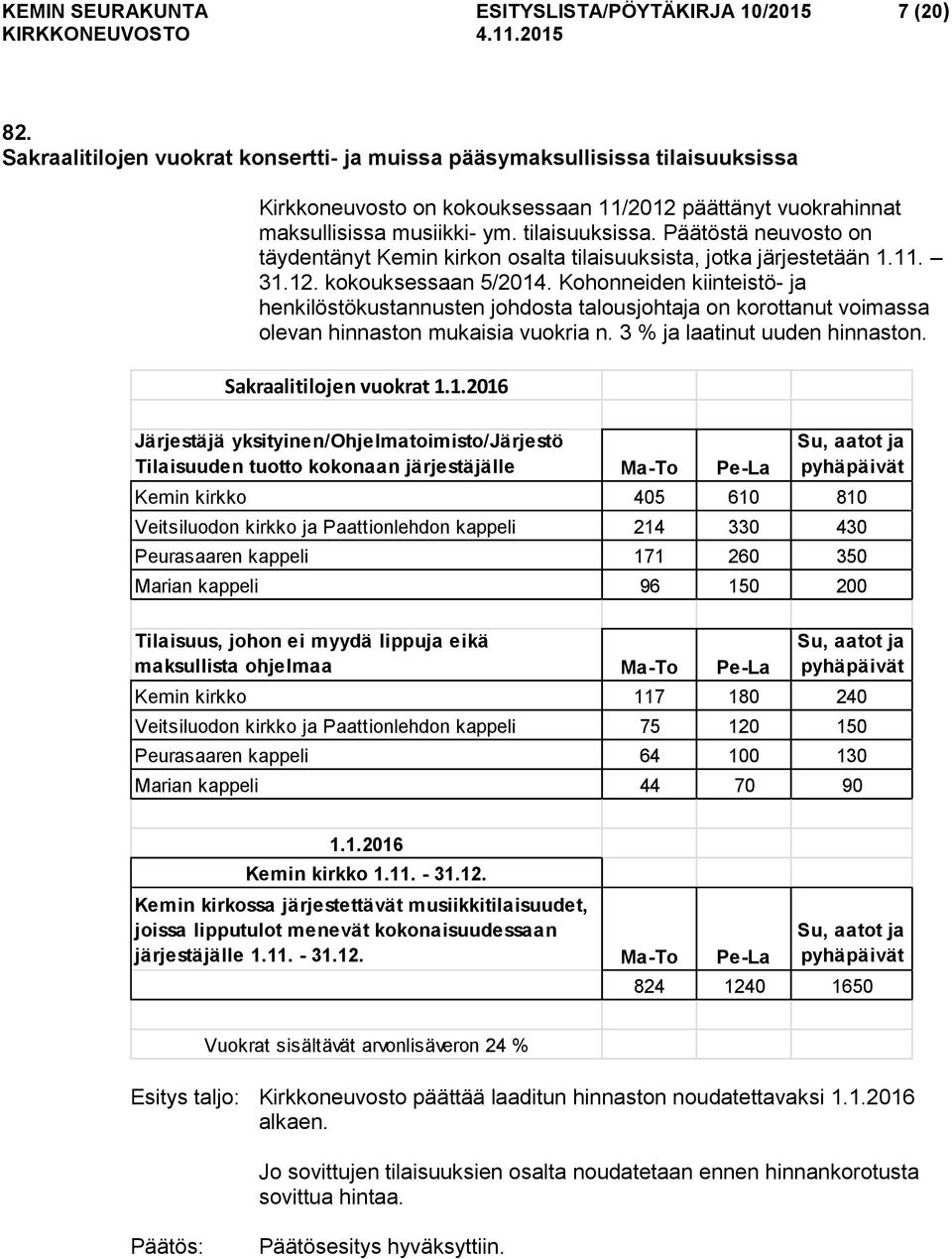 11. 31.12. kokouksessaan 5/2014. Kohonneiden kiinteistö- ja henkilöstökustannusten johdosta talousjohtaja on korottanut voimassa olevan hinnaston mukaisia vuokria n. 3 % ja laatinut uuden hinnaston.